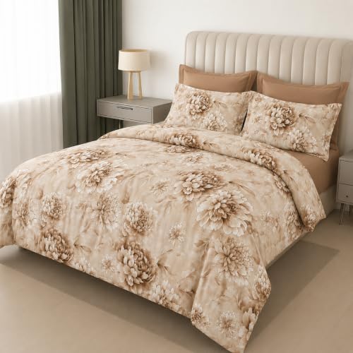 Image of DECOR2ADMIRE 300 TC Premium Printed Super King Size Cotton Bedsheet Set with 2 Pillow Covers | Ultra Soft 108 inch x 108 inch | Royal Beige Floral