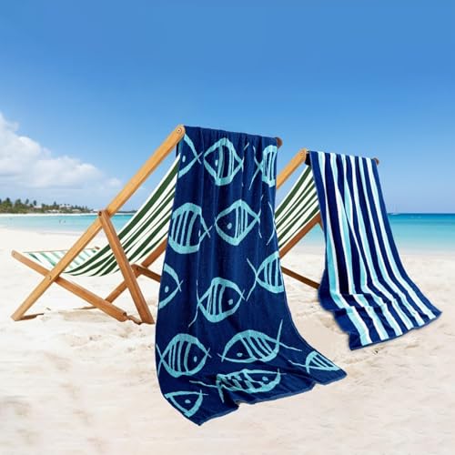 Casa Copenhagen Miami Serviettes de Bain, Ensemble de 2, Coton, séchage Rapide et durables, 76 x 152 cm - Poisson, Bleu Marine + rayé Turquoise