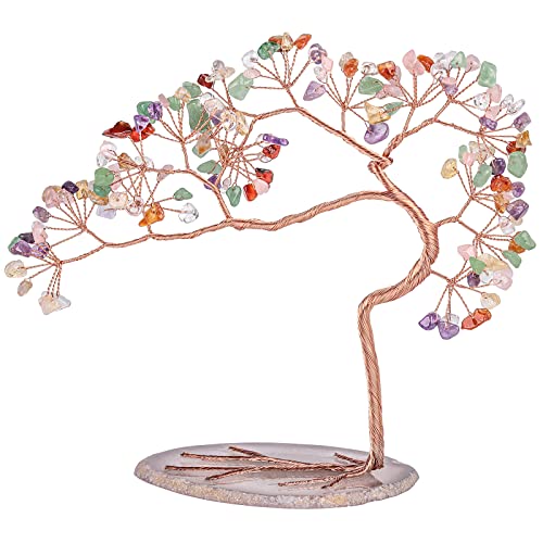 Amogeeli Arbre d'argent en Cristal Naturel sur Base Tranche d'Agate, Arbre Bonsaï de Fengshui Figure de Pierre Décoration de la Maison pour de la Bonne Chance et de la Richesse, Mélanger la Pierre