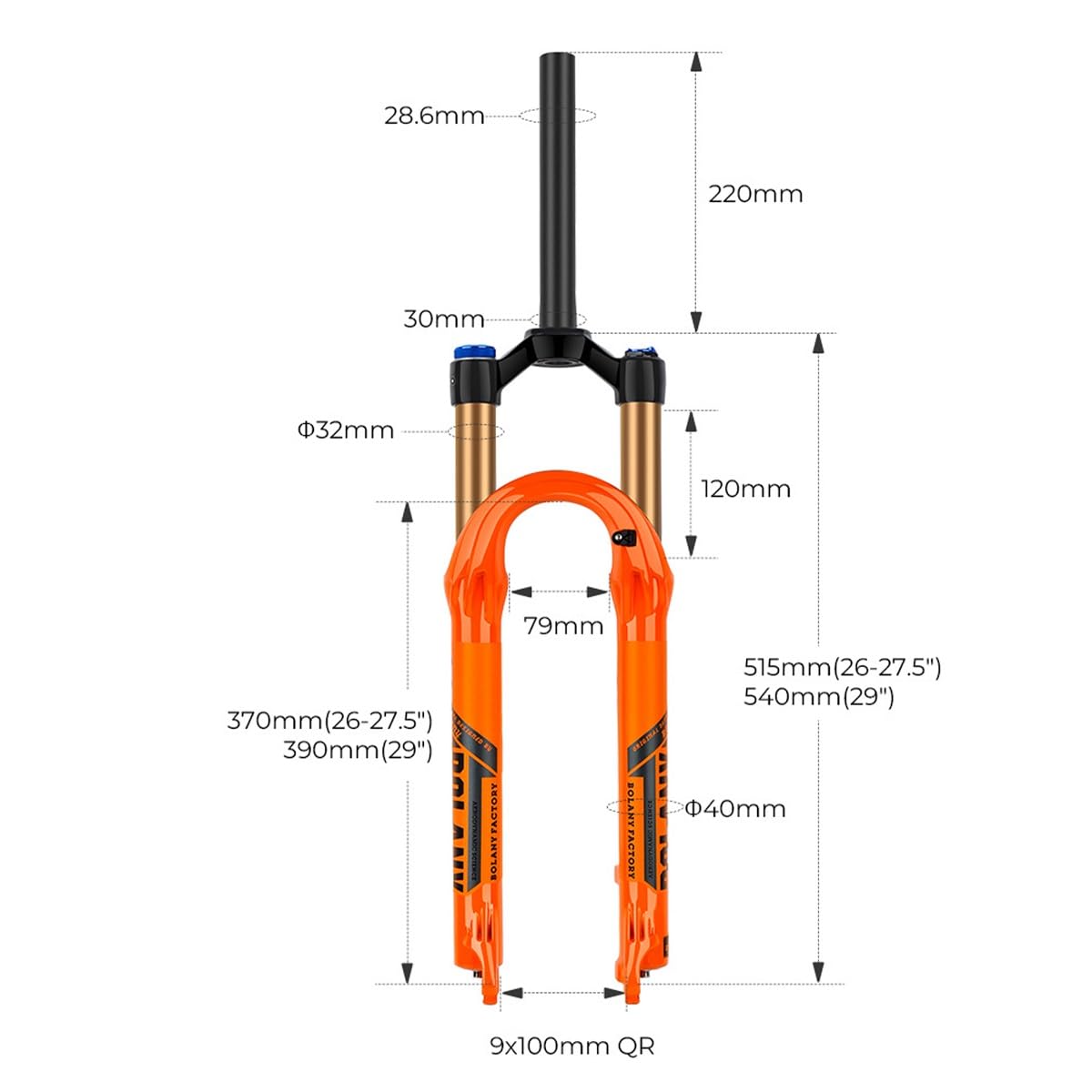 Forcella Anteriore MTB Air Suspension 26" 27.5" 29" QR 9 * 100mm per Bicicletta, Tubo Dritto, Escursione φ28.6mm, Freno a Disco da 100mm, smorzamento in Estensione per Mountain Bike