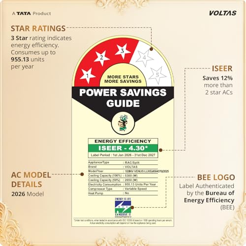 Image of Voltas 1.5 ton 3 Star, New star rated, Inverter Split AC (Copper, Convertible 6-in-1 Cooling Modes, Auto Clean, Sleep Mode with Hidden Display, Memory Restart (183INV VENUS LUXE, White)