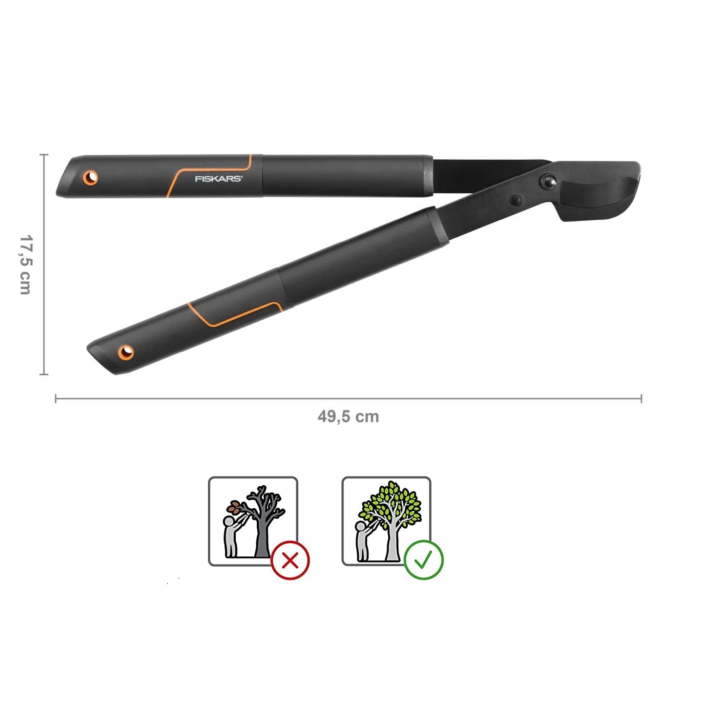 Fiskars Takkenschaar, aambeeld-takkenschaar voor droge takken en twijgen, antikleeflaag, gehard precisiestaal, lengte: 69 cm, zwart/oranje, PowerGear II, L77, 1000583