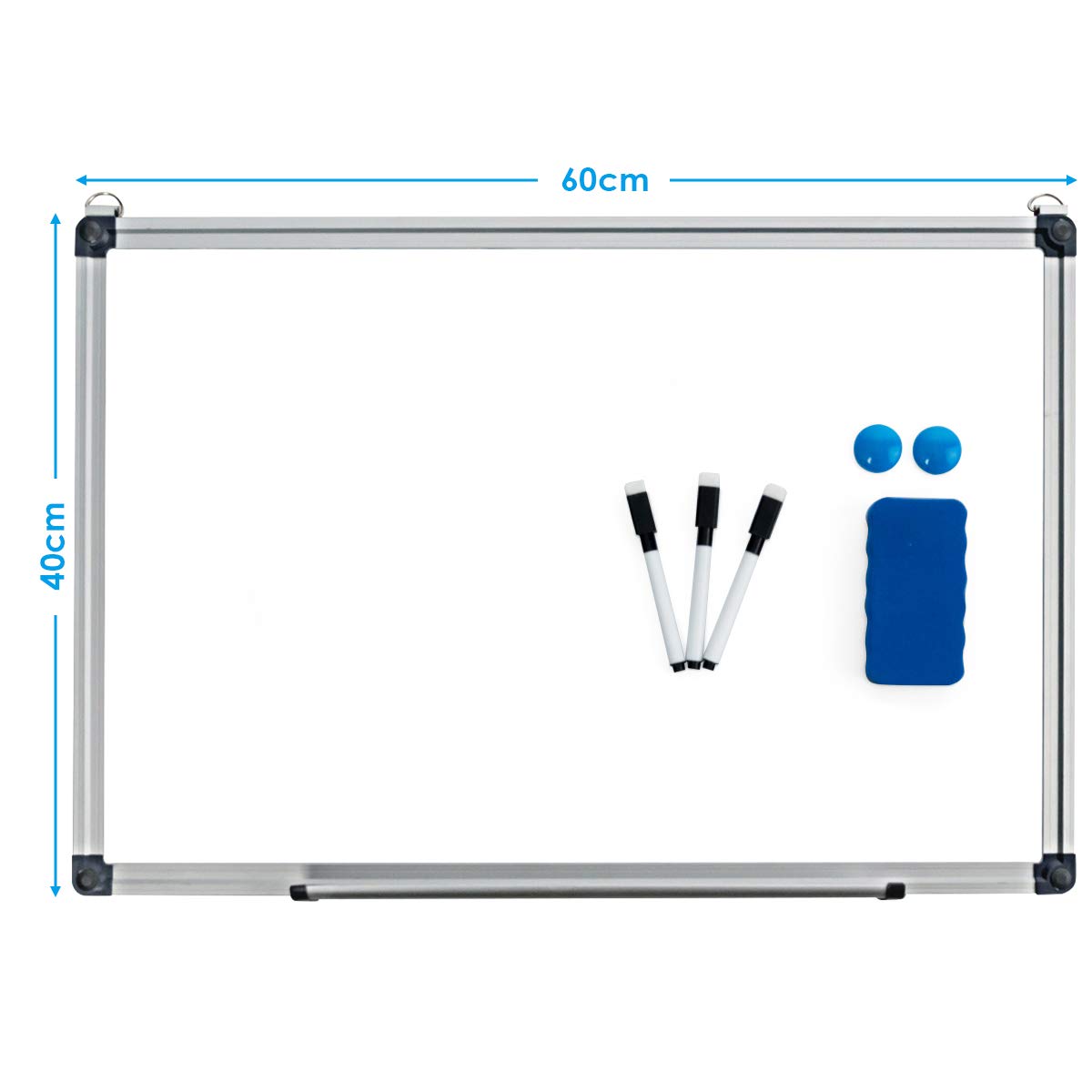 COSTWAY Magnetyczna tablica suchościeralna, 60 x 40 cm, ze zdejmowaną półką na długopisy, 3 długopisy, 2 magnesy, 1 gąbka i listwy aluminiowe, zmywalna na sucho, do zawieszenia, do szkoły, biura