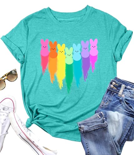 Image of Women Happy Easter T Shirt Bunny Rabbit Graphic T-Shirt Funny Letter Printed Shirts Short Sleeve Tops