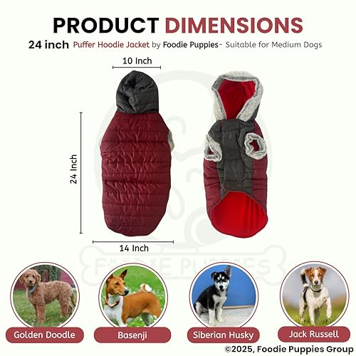 Image of Foodie Puppies Dog Puffer Hoodie Warm Winter Jacket - (Maroon Grey, 24 Inch) for Medium Sized Dogs | Ultra Warm Waterproof & Windproof Fur Coat | Washable Pet Vest Apparel for Cold Weather