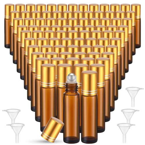 Image of Sumind 150 Pcs Essential Oil Roller Bottles 10 ml Glass Roller Bottles with Stainless Steel Roller Balls Empty Bottles Leak Proof Roll on Bottles with 5 Funnel for Travel Essential Oil (Amber, Gold)