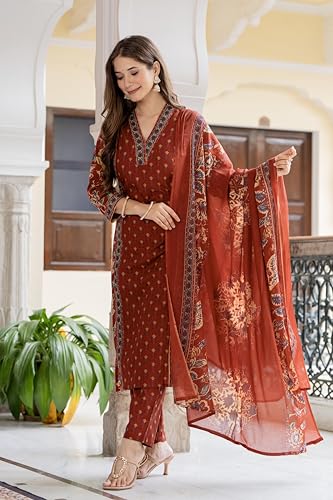 Image of MEERA FAB Women's Cotton Blend Straight Printed Kurta with Palazzo & Dupatta