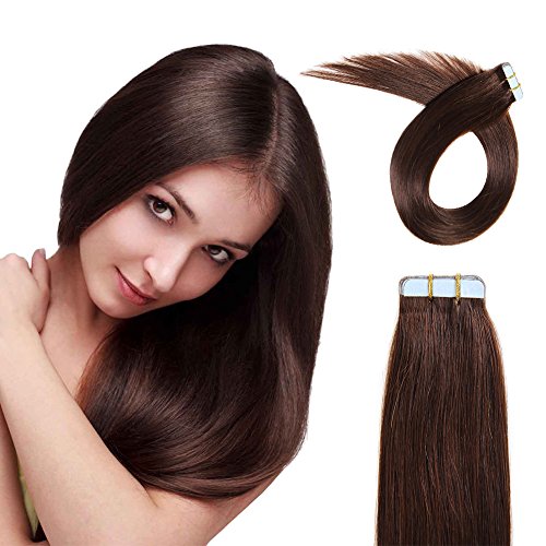 Tape In Human Hair Extensions 16 Inch 20pcs 40g/pack Slilky Straight Seamless Skin Weft Remy Hair 4# Medium Brown