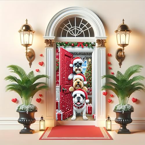 Image of BlissYard Christmas Door Cover Dog Door Hanging Banner 35x71 Inch Yorkshire Terrier English Bulldog Schnauzer Winter Banner Photo Background Door Decoration New Year Home Party Decoration Supplies