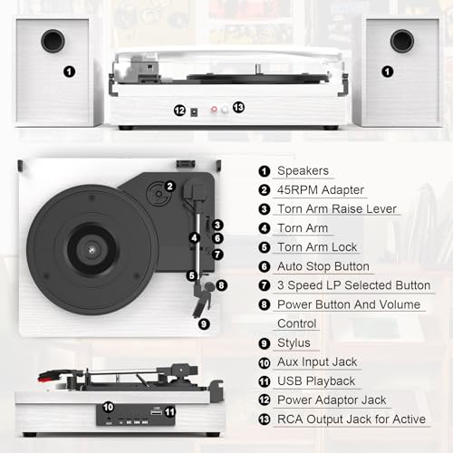 Image of Retrolife Record Player with 2 External Speakers, Vinyl Turntable, White | 3-Speed Belt-Drive Turntable for 33 /45 /78 RPM Vinyl, Bluetooth Wireless Playback, Auto Stop, AUX Headphone Input and RCA Out