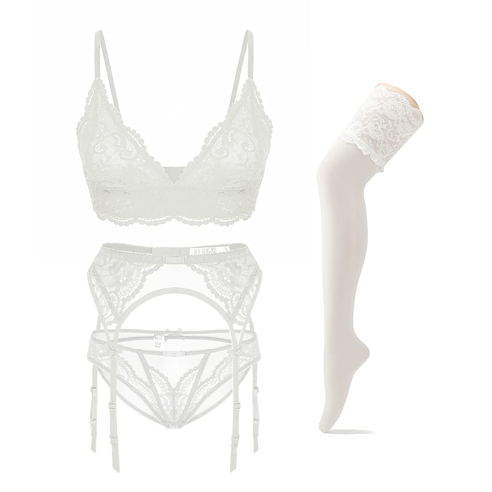 varsmissWomen Sexy Bra Set Floral Lace Bikini Triangle Bra and Panties and Garter Belt and Stockings 4Pcs