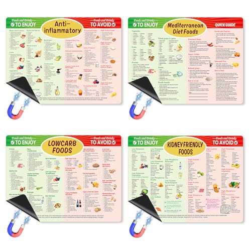 4-Piece Diet Plan Fridge Magnet Set – Low Carb, Mediterranean, Anti-Inflammatory & Renal Diet Food Guides with Meal Plans, Grocery Lists & Healthy Eating Reference for Kitchen