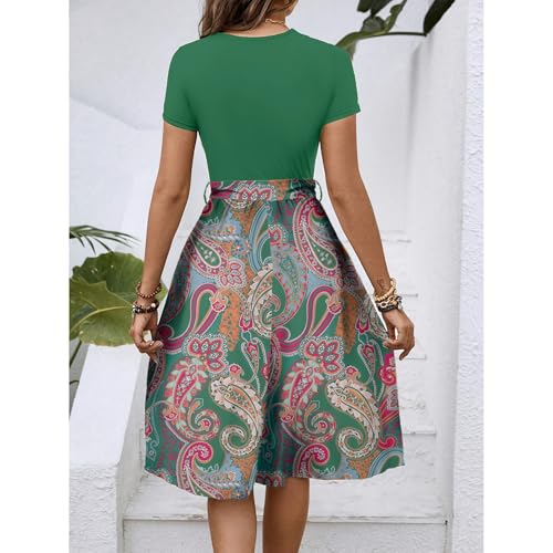 Work Dresses for Women 2025 Elegant Classy Summer Midi Aline Dress Short Sleeve Vintage Floral Two Tone Dress3