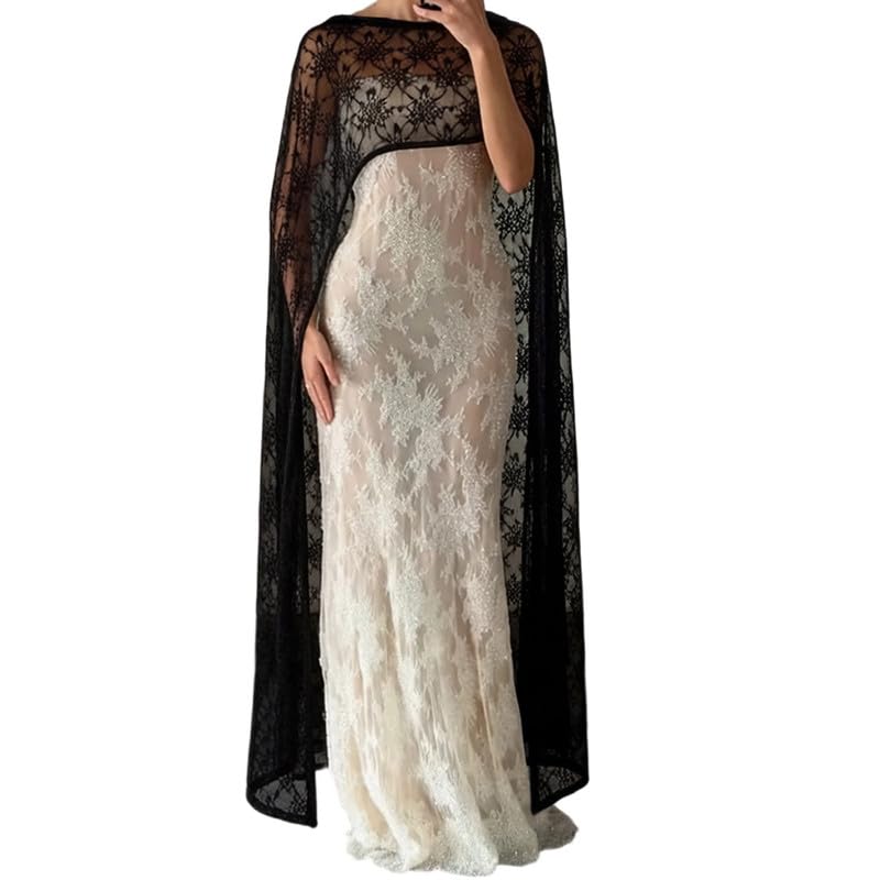Womens Sheer Floral Lace Cape Shawl for Evening Dress Lace Shawl Cape Poncho Top Capelets Elegant Bridal Wrap Capelet