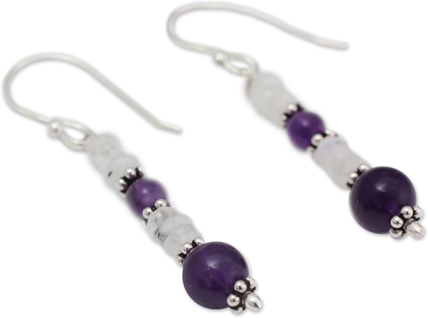 NOVICA Artisan Handmade Amethyst and Rainbow Moonstone Dangle Earrings | 925 Sterling Silver | Clear Purple Beaded Jewelry | India Birthstone | 'Morning Clouds' | 1.6" L x 0.2" W