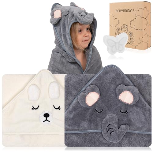 BABYBRIDGE 2 Unidades Toalla Bebe Recien Nacido + 1 Esponja Recien Nacido   Toallas con Capucha de Animales 0 3 años   Toalla baño   Esponja Natural   Accesorios Bebes (Gris/Blanco)