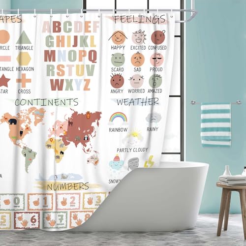 Image of Kids Educational Shower Curtain， Pastel ABC Alphabet Continents Map Numbers Shapes Weather Learning Tools Boy Girl Nursery Fabric Waterproof Polyester with 12 Pack Hooks Plastic