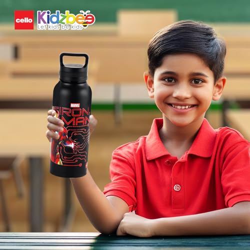 Image of CELLO Kidzbee Aqualoop 3D Iron Man Design Stainless Steel Kids Water Bottle For Daily Use 790 ml, Black | 3D Touch & Feel Print, Single Wall Fridge Safe Rustproof & Leakproof School Kids Water Bottle