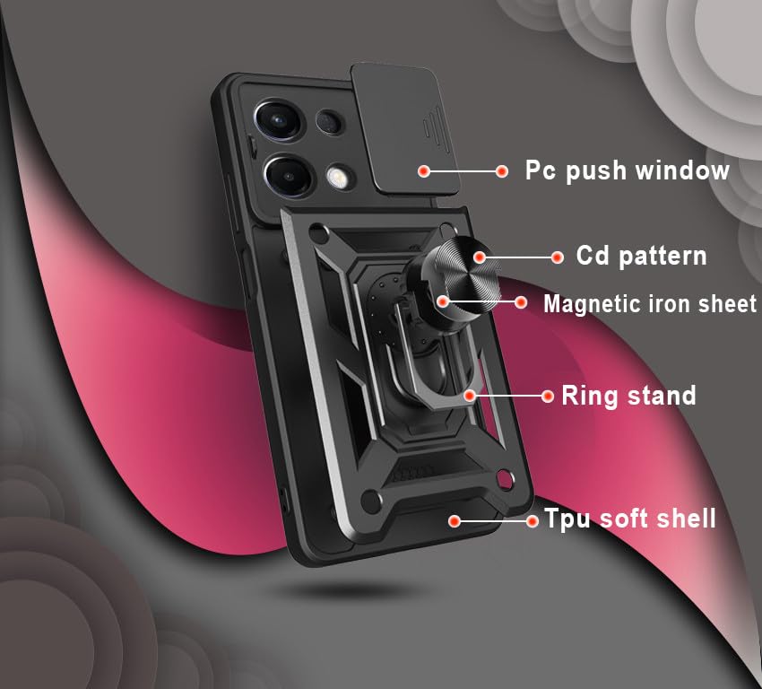 Image of Hupshy Back Cover for Oppo K13 5G | D10 Tough Armor Case | Sliding Camera Shield | 360 Protection | Kickstand Ring Holder | Military-Grade Shockproof Bumper Case (Black)