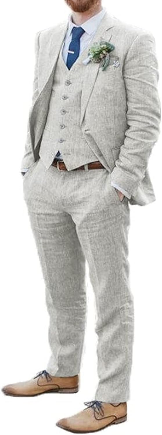Linen Men Suits(Jacket+Pants+Vest) Business Wedding Tuxedo Grooms