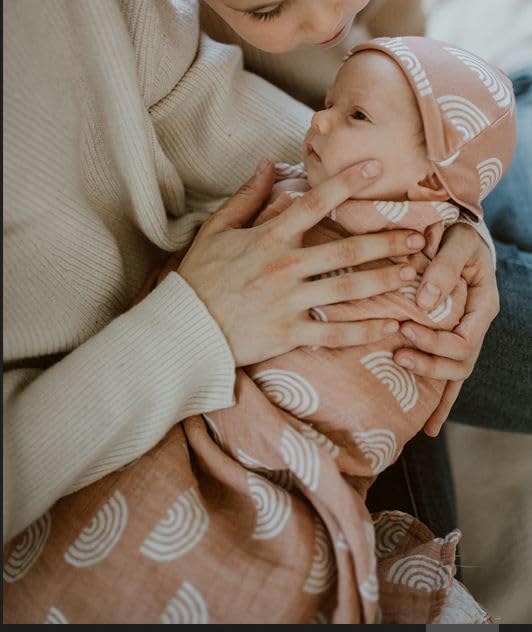 Miaoberry 100% Organic Cotton Muslin Baby Swaddle Blanket Set | Caramel Rainbow| Newborn Girl Unisex Neutral| Boho Vintage Rainbow Baby| Matching Hat Bow | - Image 2