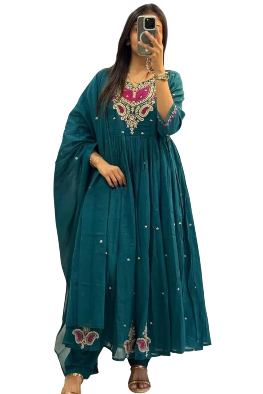 MAKMURI GLOBAL Women's Cotton Embroidered Anarkali Salwar Suit Set with Dupatta Set (Teal Dark Green-XXL)-picture-12