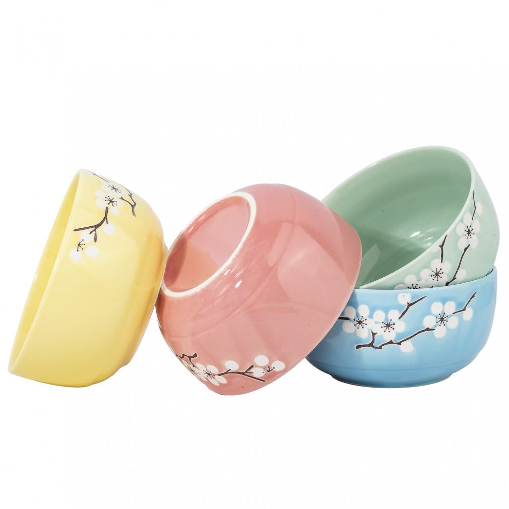 lachineuse - Set di 4 ciotole giapponesi Zen con fiori di ciliegio ⌀ 10,5 cm - Ciotole per riso, poke bowl, colazione e zuppa - 4 paia di bacchette - Ciotola giapponese asiatica - Regalo giapponese