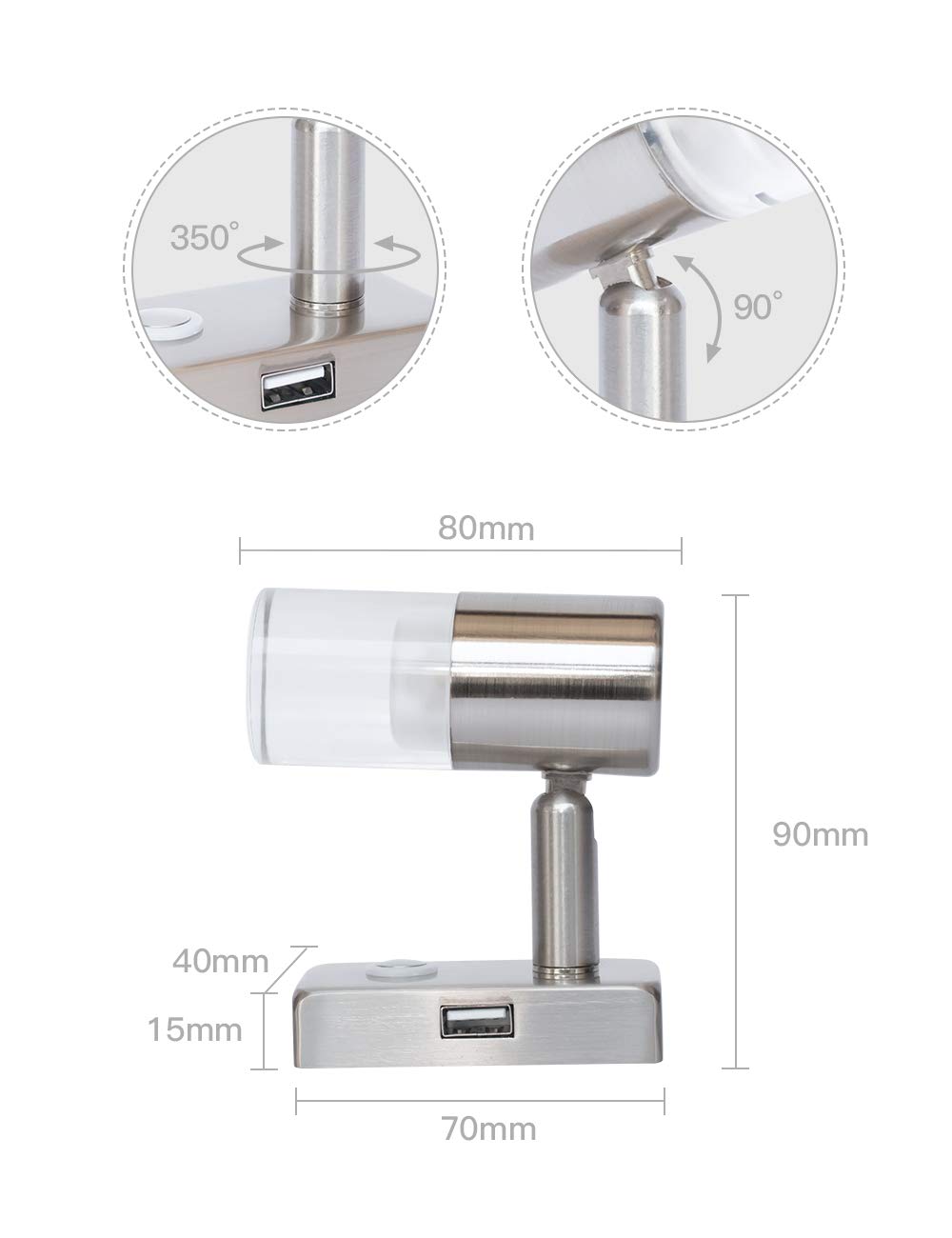 lighteu, proyector de Techo/Pared USB de 12V 3W A2, Acabado en níquel, luz de Lectura, Giro y Giro con Touch Switch Regulable luz Blanca/Azul cálida para yate, Caravana, RV