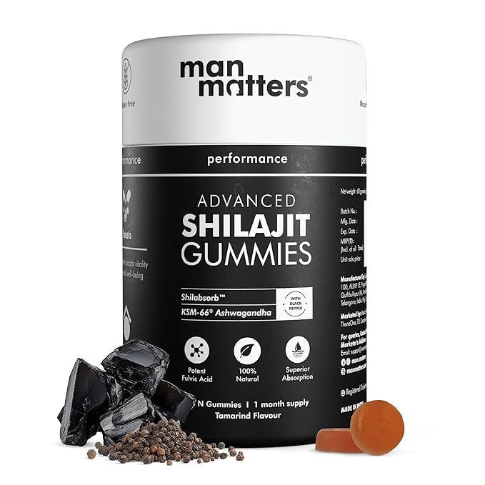 Image of Man Matters Pure Shilajit /Shilajeet Gummies Advanced with Lab-Tested Fulvic Acid & KSM 66 Ashwagandha | Boosts Fitness, Improves Energy Levels & Helps Manage Stress | Pack of 60