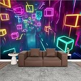 Modern Wallpaper Murals 3D 80s Neon Retro Synthwave 3D Labyrinth Cubes Glowing Lines Abstract Peel and Stick Removable Self-Adhesive PVC Wall Stickers for Living Room Boys Girls Bedroom