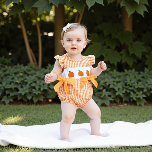 My First Halloween Baby Girl Outfit Newborn Pumpkin Patch Romper Short Sleeve Doll Collar Smocked Plaid Bubble Romper2