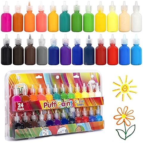 Playkidiz 3-D Art Puff Paint For Kids, 24 Pack Color Pack Squeeze Paint, Non Toxic Puff Paint Set, Washable Fabric Paint, Classic Colors, Ages 3+ Cover