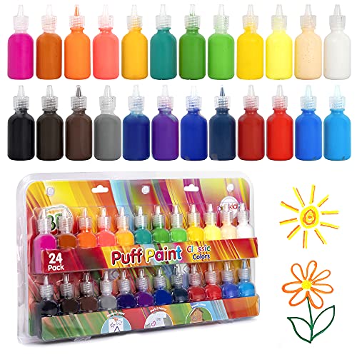 Playkidiz 3-D Art Puff Paint For Kids, 24 Pack Color Pack Squeeze Paint, Non Toxic Puff Paint Set, Washable Fabric Paint, Classic Colors, Ages 3+.