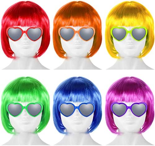 WILLBOND 12 Pieces Colorful Party Wigs and Sunglass Set, Neon Short Bob Wig Sunglass Pack Costume Cosplay Wig Daily Party Hairpieces for Neon Halloween Party Favors Decorations