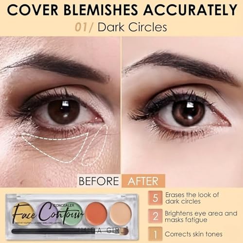 Image of HUDA GIRL Natural 5-Shades 3in1 Contour, Highlighter and Concealer Palette with Brush, 24Hrs Waterproof Formula with Orange for Dark Circles, Oil Control for Face Makeup Kit for Women
