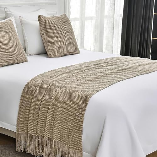 Cotton Knit Bed Runners King Size Decorative Boho Bed Scarf with Tassel Soft Solid Color Woven Beds Throw Blanket for Bedroom Home Hotel (A Khaki 60x260cm/23.6 * 102in)