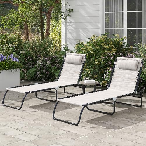 Outsunny Folding Chaise Lounge Chair Set of 2, Patio Sun Tanning Chair, Outdoor Chaise Lounger with 4-Position Reclining Back, Breathable Mesh Seat for Beach, Poolside, Cream Outsunny Folding Chaise Lounge Chair Set of 2, Patio Sun Tanning Chair, Outdoor Chaise Lounger with 4-Position Reclining Back, Breathable Mesh Seat for Beach, Poolside, Cream