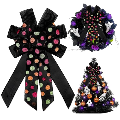 HIENAJ Large Halloween Wreath Bows - Black Polka Dot Bows for Wreaths, Tree Toppers, Indoor/Outdoor Decoration