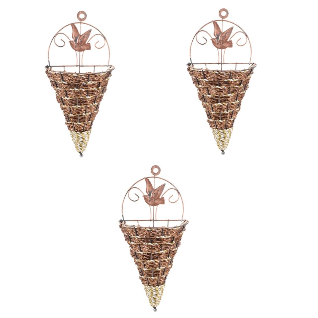 Yardwe 3pcs Wall Hanging Flower Basket Hanging Planters Wall Planters Outdoor Small Woven Basket Rattan Wall Planter Basket Cone Shaped Flower Baskets Flower Pots Hanging Basket Iron