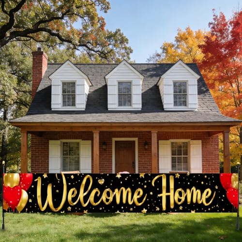 Image of Nuxovilar Welcome Home Banner 118.1x19.6 Inches Polyester | Homecoming Decor Welcome Backdrop gold balloon banner family photo sign hallway patio porch (Gold Red)