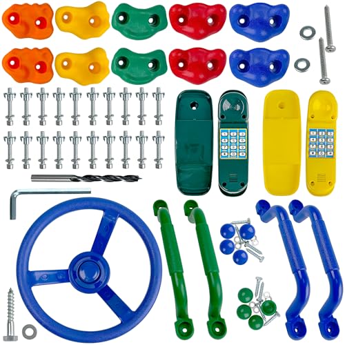 KINSPORY 17 Pack Playground Parts & Accessories for Kids - 10pc Colourful Rock Climbing Holds, 4pc Climbing Handles & Grips, 2pc Play Phones and Steering Wheel for Children Wooden Playset