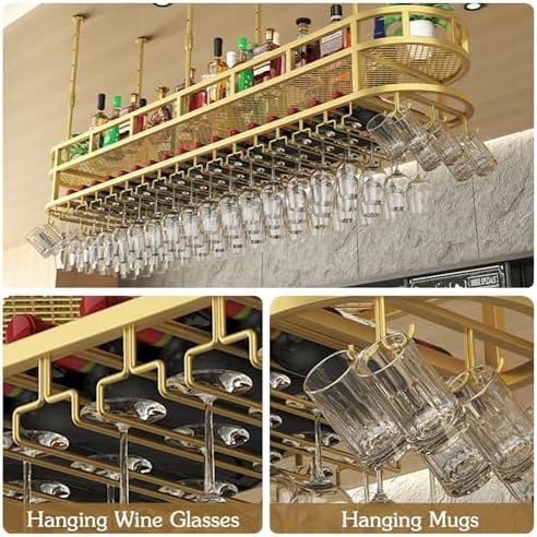 Adjustable 2-Tier Industrial Wine Glass Rack - Metal Stemware Holder with Guardrail Stylish Storage nizer for Bar Café Kitchen,Gold-59in