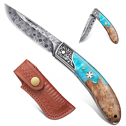 Freelander Couteau pliant, Couteau de poche de survie aiguisé avec étui en cuir, Couteau pliant multifonctionnel pour le camping, la randonnée et la survie (Bleu)