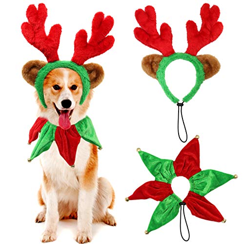 BWOGUE Weihnachten Rentiergeweih mit Glocke Halsband Set Verstellbar Hund Weihnachtskostüm Zubehör Klassische Elch Kopfbedeckung für mittelgroße große Hunde Cover