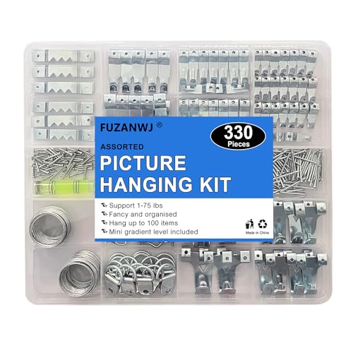 FUZANWJ 330pc Picture Hanging Kit - Wall Hangers, Nails, Wire, Screw Eyes, D Rings & Tool for Frame & Canvas Mounting