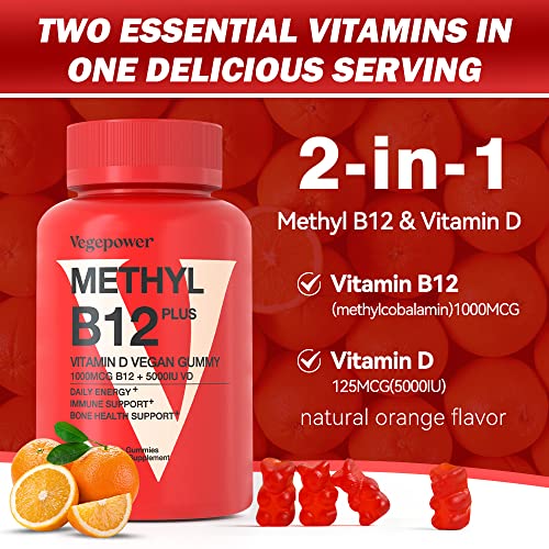 Vitamin B12 1000 mcg Gummies for Adults - Vegan Methyl B12 & D3 5000 IU Vitamin Gummy Supplements for Women - Supports Bone Health & Energy Boost - Non-GMO, Orange Flavor 180 Bears
