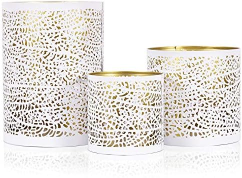 Lazy Gifts Set of 3 White and Gold Metal Decorative Nesting Hurricane Candle Holders. Elegant Style Centerpiece - add Accents to Weddings, Functions and Home décor with These Large Candle Holders