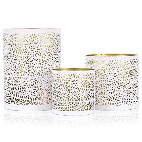 Lazy Gifts 2002 Set Of 3 White And Gold Metal Decorative Nesting Hurricane Candle Holders. Elegant Style Centerpiece cover