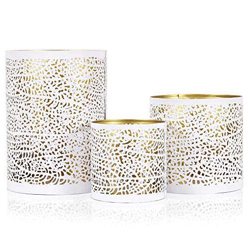 Lazy Gifts Set of 3 White and Gold Metal Decorative Nesting Hurricane Candle Holders. Elegant Style Centerpiece - add Accents to Weddings, Functions and Home décor