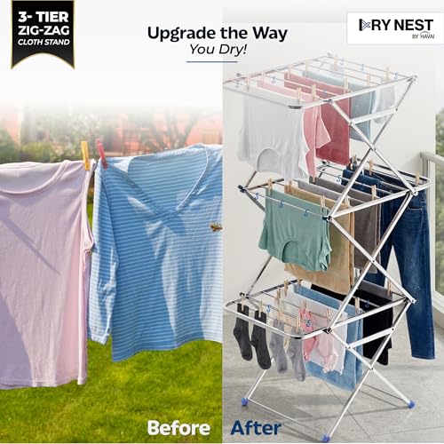 Image of HAVAI DryNest 4.5 KG Heavy Duty Clothes Drying Stand | 40 KG Load Capacity | 3-Tier Zig-Zag Foldable Stainless Steel Airer | Rust Proof Laundry Rack for Balcony & Indoor Use
